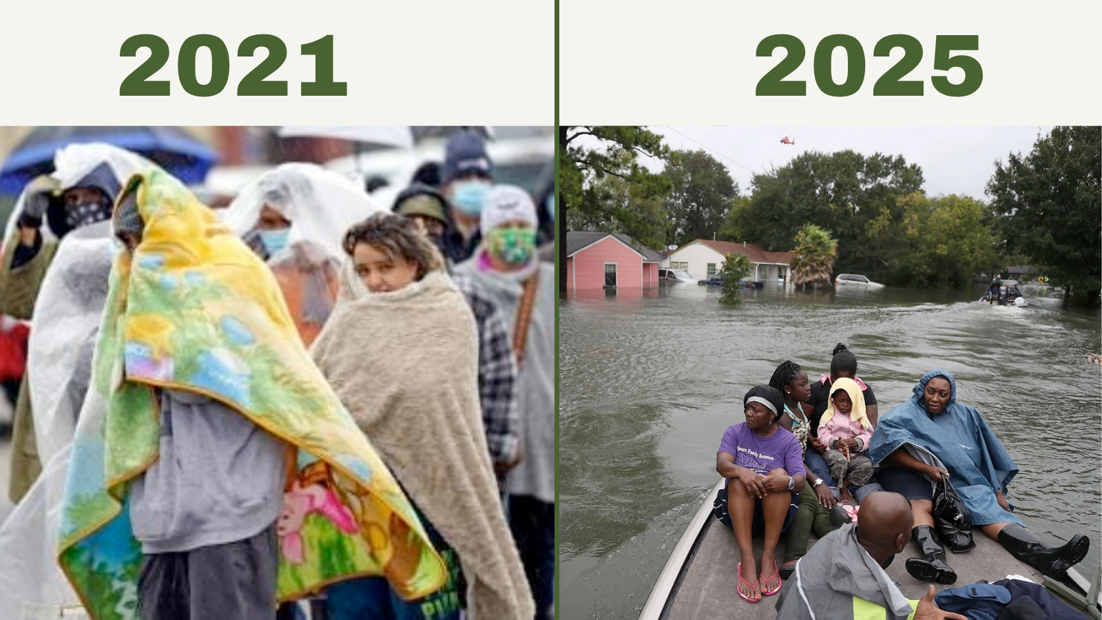 Left photo: people huddled in blankets outside in cold weather wearing masks Right photo: a Black family and rescue team sit on a boat next to submerged houses