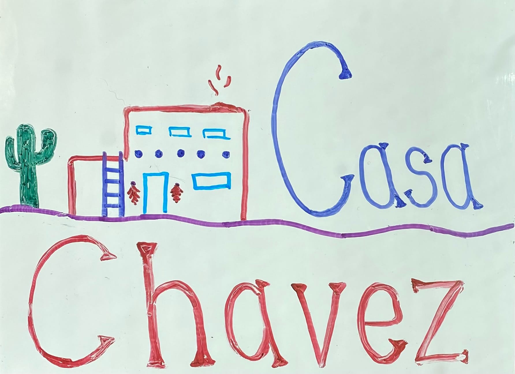 Casa Chávez logo hand drawn with an Adobe Pueblo and cactus to the left